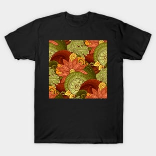 Colorful Pattern with Floral Motifs. Ornate Flowers, Leaves and Swirls T-Shirt